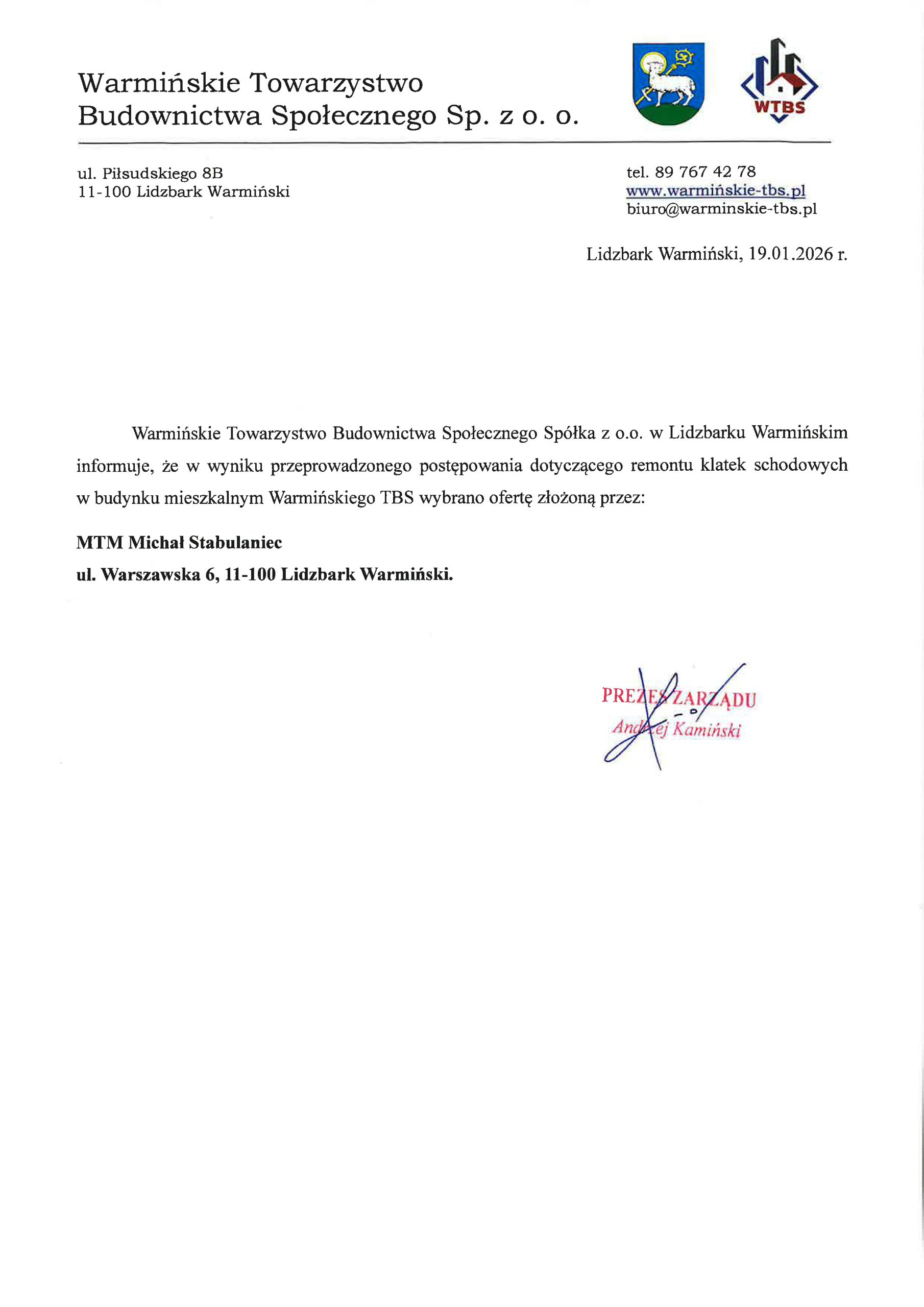ZAWIADOMIENIE WYBÓR OFERTY